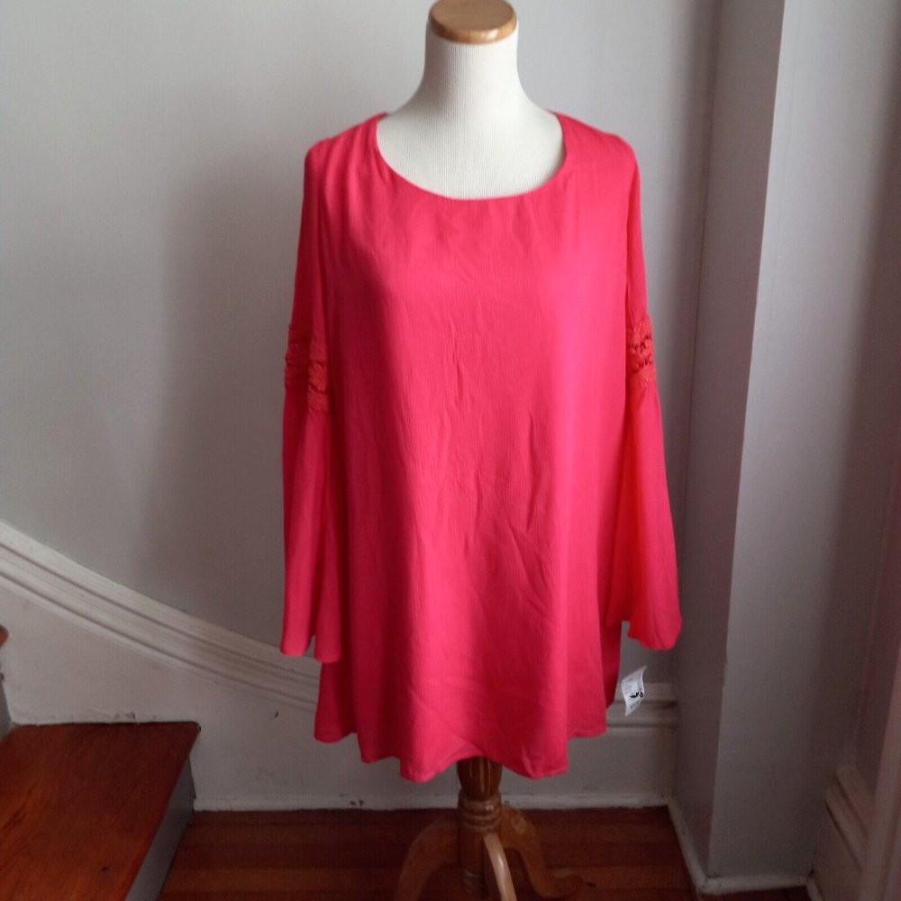 DOUBLE ZERO PINK CORAL CROCHET BELL SLEEVE MINI DRESS NWT M
